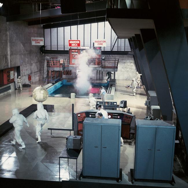 After James Bond turns a wheel on the gantry and causes the fuel rods in the pool to overheat, the alarm is raised, and Dr. No's complex is evacuated. Picture: Courtesy of Metro-Goldyn-Mayer Studios Inc. and Danjaq, LLC