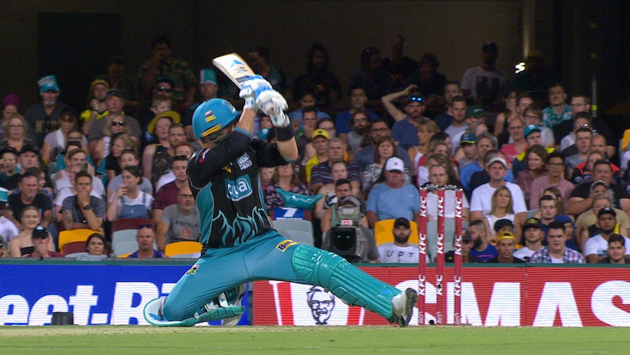 Brendon McCullum hits a ramp shot for six.