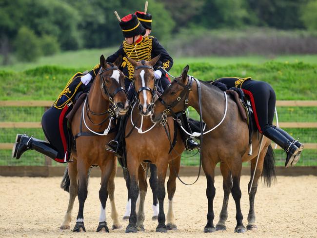 Soldiers in training for the King’s Coronation from the Royal Horse Artillery remount their horses as they take part in the riding assessment at Woolwich Barracks on April 24 in London. Picture: Leon Neal/Getty Images