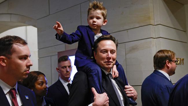 Elon Musk arrives with his son "X" on his shoulders at the US Capitol. Picture: Getty Images via AFP.