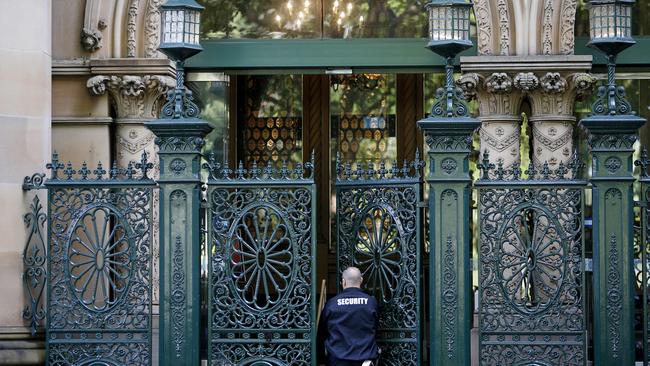 Security guards outside the entrance to The Great Synagogue in the Sydney CBD after police raised security concerns. Picture: John Appleyard