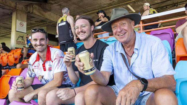 Jacob Cooper, James Pilbrow and Anthony Doig at the NTFL prelim finals on Saturday afternoon. Picture: Floss Adams.