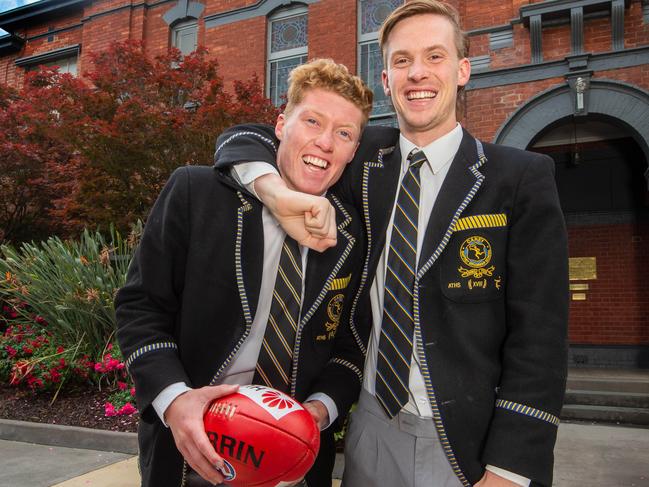 Best mates Matt Rowell (red hair) and Noah Anderson at their school Carey Grammar. They will go No.1+2 in AFL national draft on Wednesday night.Picture Jay Town