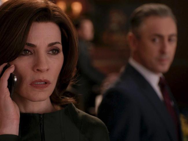 Alan Cumming looks on with The Good Wife co-star Julianna Marguiles. Pic supplied/Channel 10.