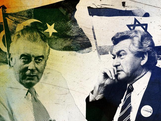 12 December 2024; A photo comp of Gough Whitlam and Bob Hawke with the nation of Islam flag and Israel flag. Artwork by Frank Ling. Sources: supplied and iStock. Ratio 4:3 FOR PRINT.