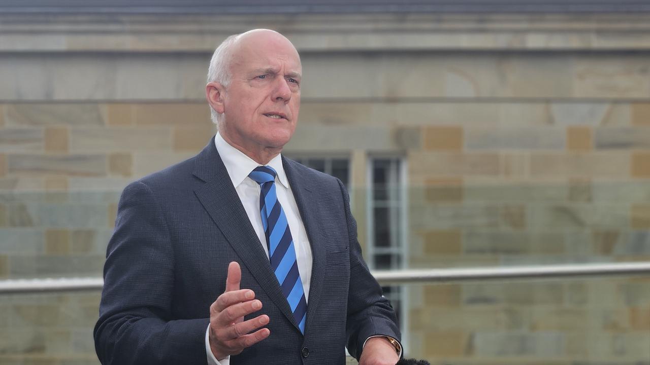 Minister for Business, Industry and Resources Eric Abetz speaks to the media at Parliament Square in Hobart on Tuesday, December 10, 2024.