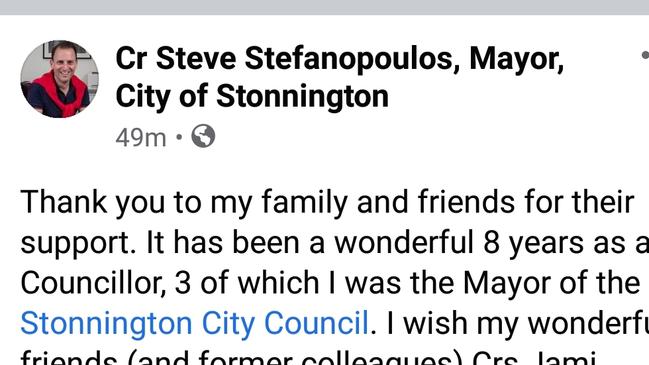 Outgoing Stonnington councillor Steve Stefanopoulos accepted the VEC's results on his Facebook page.