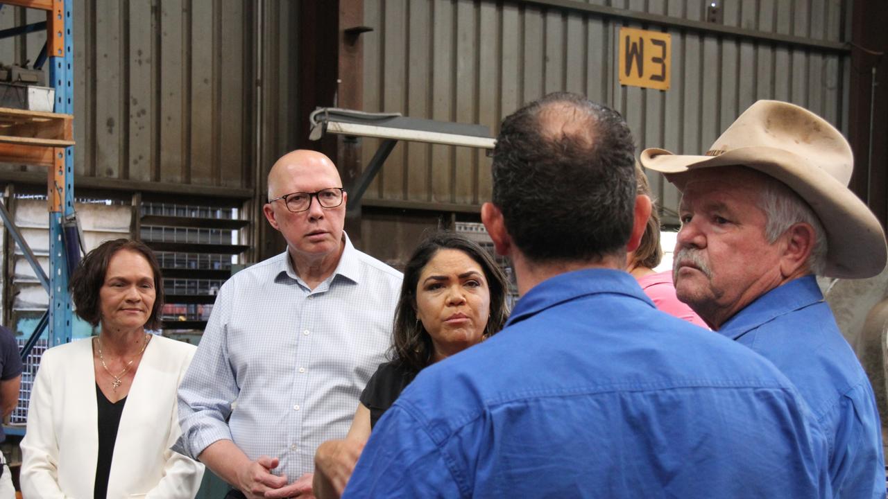 CLP Lingiari Candidate Lisa Seibert, Federal Opposition leader Peter Dutton and Shadow Indigenous Australians Minister Jacinta Nampijinpa Price talk with Ross Engineering and Hardy Fence staff in the company's Alice Springs factory on Wednesday, January 30, 2025. Picture: Gera Kazakov