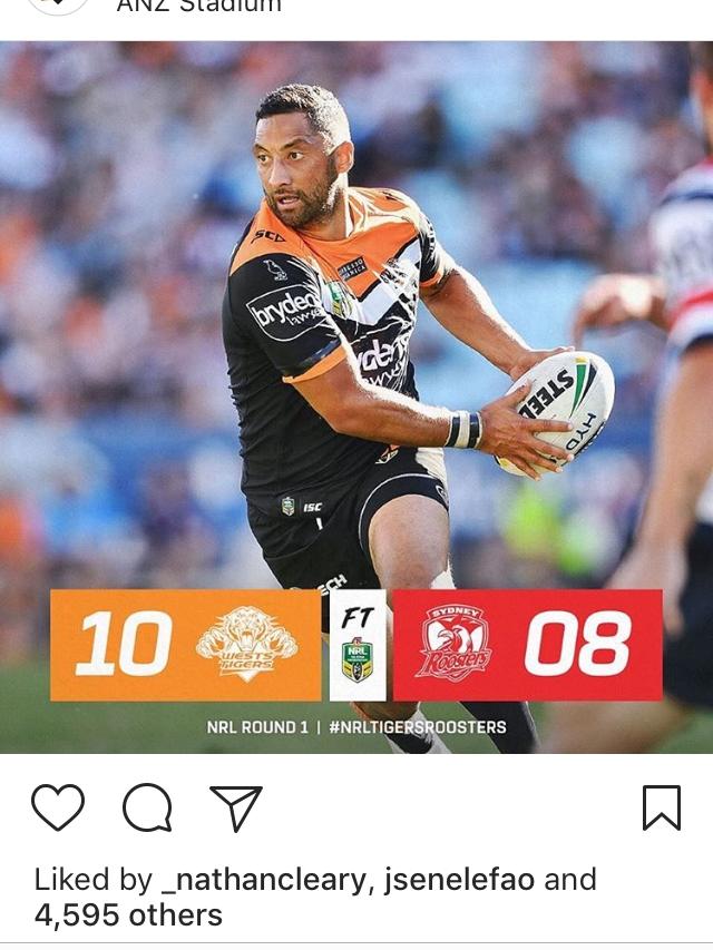 This Wests Tigers Instagram post was liked by Penrith star Nathan Cleary.