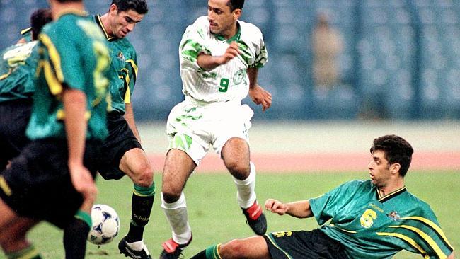 Craig Foster, left, Sami Al Jaber and Ned Zelic in Riyadh in 1997. Picture: AFP