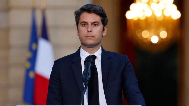 France's Prime Minister Gabriel Attal gives a speech following the first results of the second round of France's legislative election at Matignon in Paris.