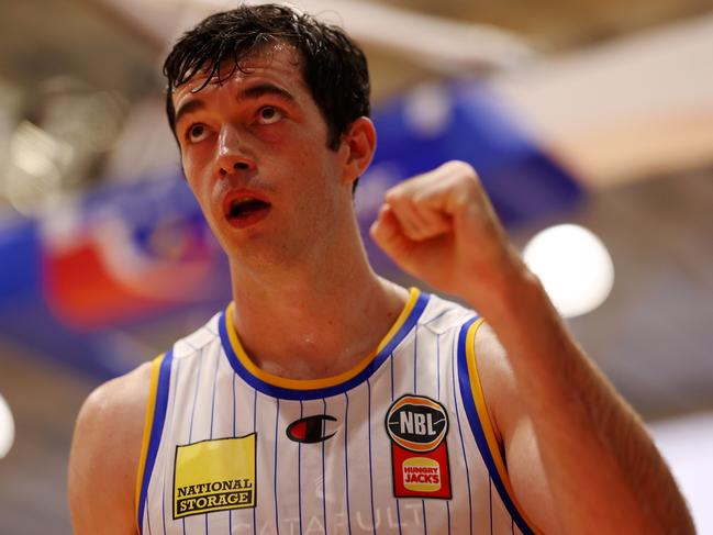 GIPPSLAND, AUSTRALIA - JANUARY 11: Josh Bannan of the Bullets celebrates after scoring points during the round 16 NBL match between South East Melbourne Phoenix and Brisbane Bullets at Gippsland Regional Indoor Sports Stadium, on January 11, 2025, in Gippsland, Australia. (Photo by Mike Owen/Getty Images)