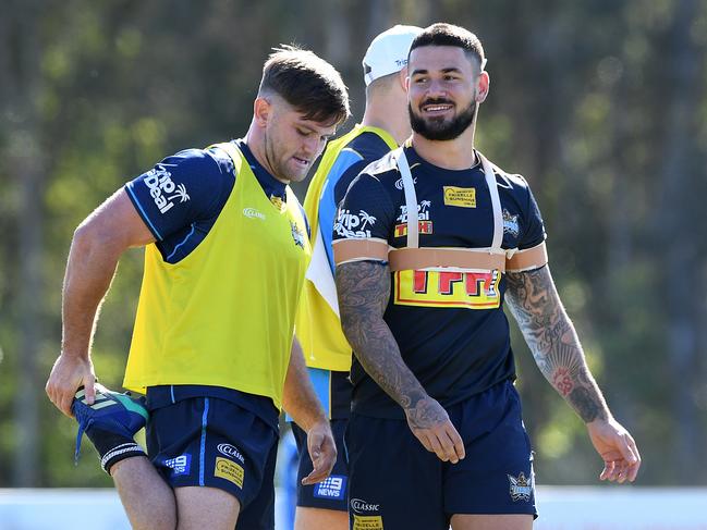 Titans Hookers Mitch Rein (left) and Nathan Peats during a Gold Coast Titans training session on the Gold Coast, Monday, June 11, 2018. (AAP Image/Dave Hunt) NO ARCHIVING