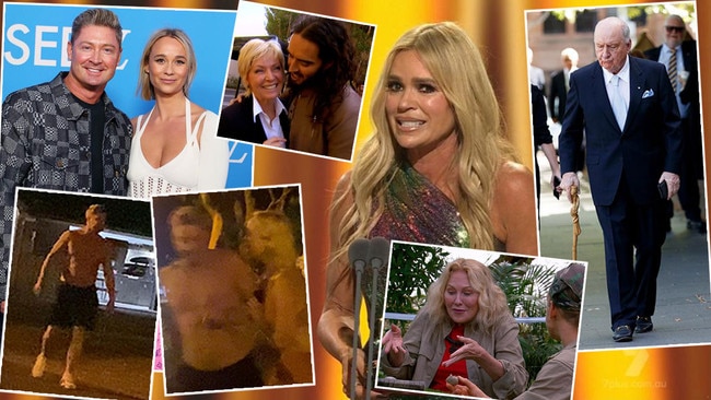 Michael Clarke and ex Jade Yarbrough, top left, and their Noosa park altercation (insets bottom left); Sonia Kruger (main picture), Alan Jones (top right), KAK on I'm A Celebrity Get Me Out of Here, bottom right, and Russell Brand gets very close to Liz Hayes, bottom middle.