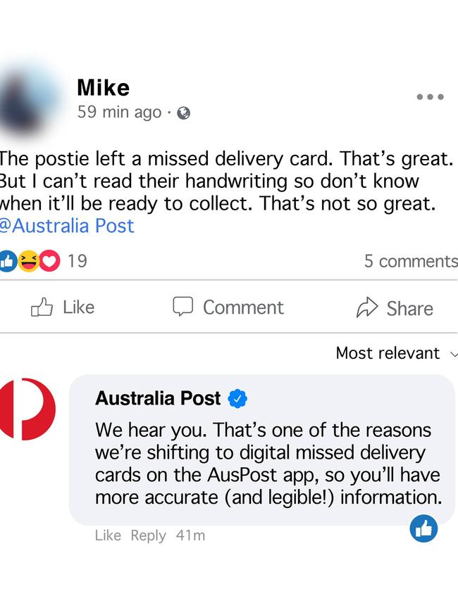 This post from Australia Post’s official Facebook account confirms the move to digital missed package slips. Picture: Facebook / Australia Post