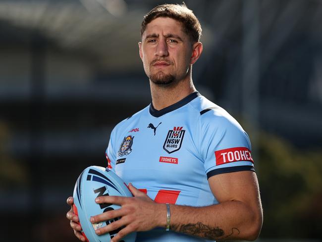 SYDNEY, AUSTRALIA - MAY 28: Zac Lomax of the Blues poses during a New South Wales Blues State of Origin media opportunity at NSWRL Centre of Excellence on May 28, 2024 in Sydney, Australia. (Photo by Matt King/Getty Images)