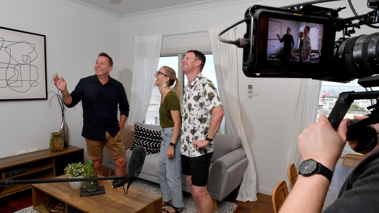 Real estate agent Martin McDonough from McDonough Property Townsville with Mollie and Steven Townley at a home in Townsville's CBD. Picture: Evan Morgan