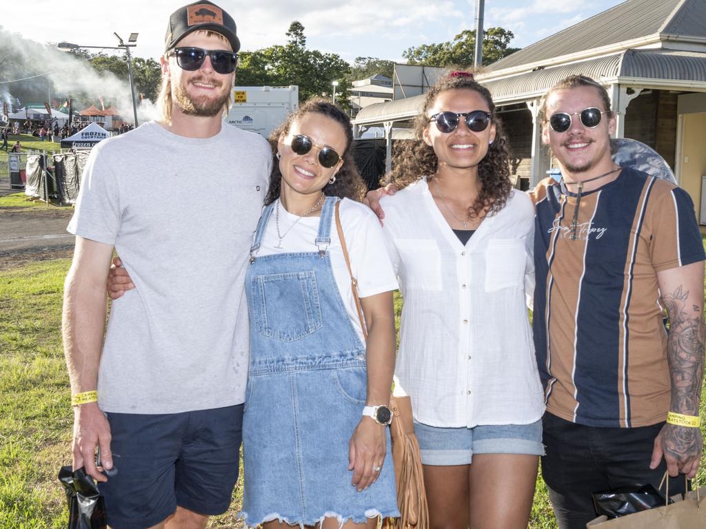 (from left) Ash Emerick, Taleasha Morrice, Tamika Morrice and Jayden Shearer at Meatstock, Toowoomba Showgrounds. Friday, April 8, 2022. Picture: Nev Madsen.