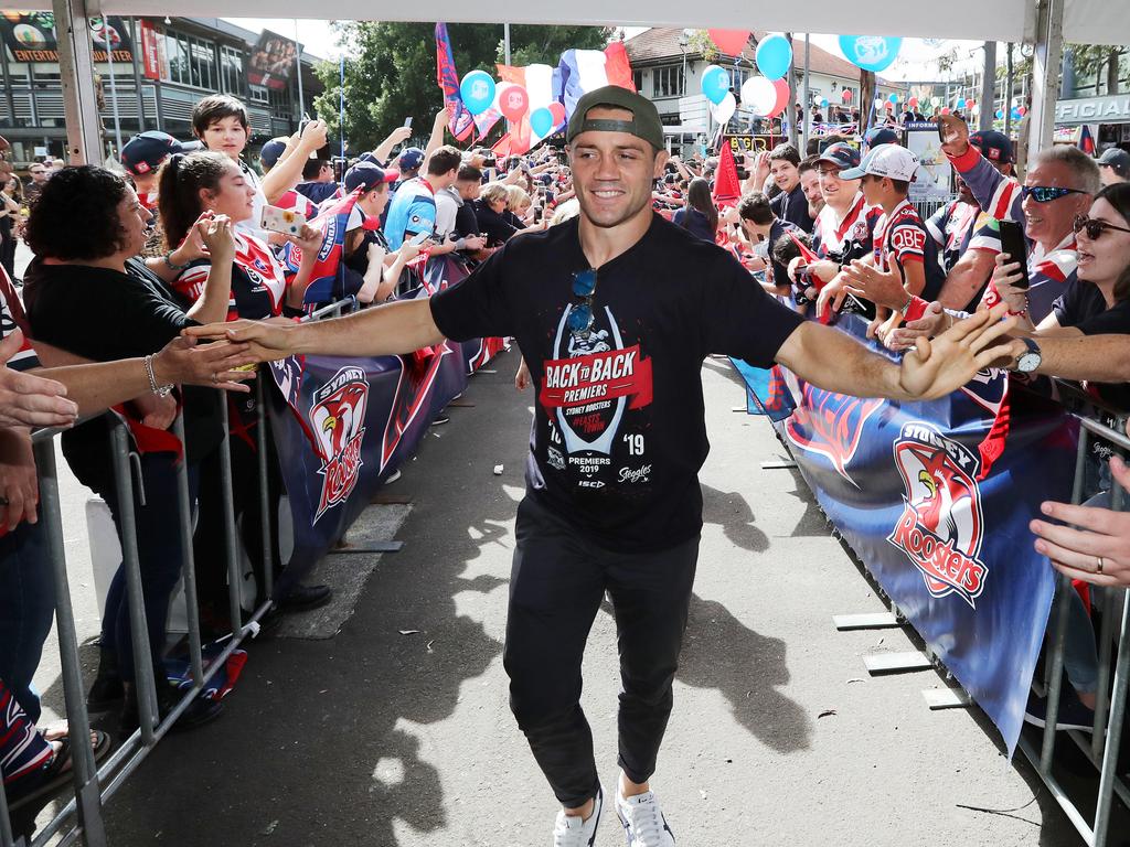 Cooper Cronk pictured at the Sydney Roosters fan morning at Moore Park after the Roosters win in the 2019 NRL Grand Final. Picture: Richard Dobson