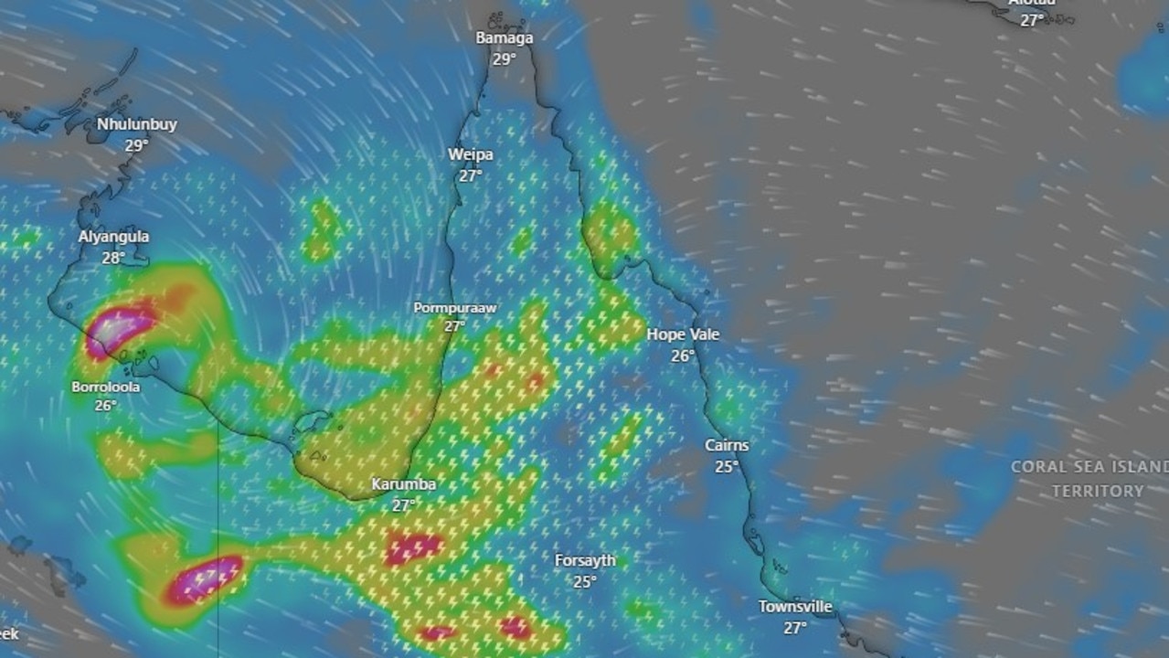 Rainfall and thunder predictive mapping for Friday evening from windy.com. Image: Windy