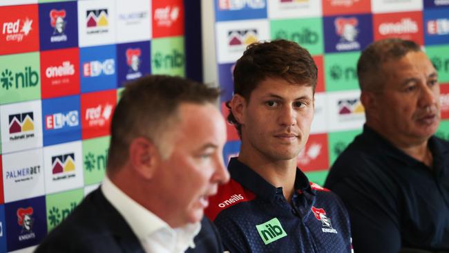 Kalyn Ponga with his dad Andre (right) announcing his new five-year deal with the Knights. Picture: Peter Lorimer/Getty Images