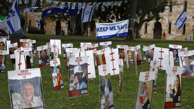 A pro-Israel shrine in the Great Court at the University of Queensland in Brisbane. Picture: NCA NewsWire/Tertius Pickard