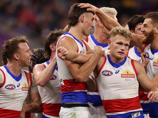 Sam Darcy is congratulated after booting a goal against Fremantle. Picture: Paul Kane/Getty Images