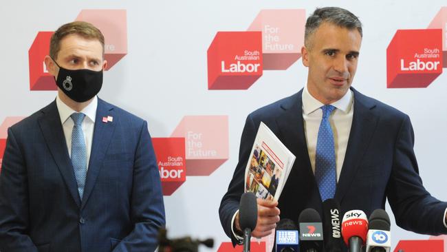 SA Labor leader Peter Malinauskas with treasury spokesman Stephen Mullighan as they unveil Labor’s election costings. Picture: Michael Marschall