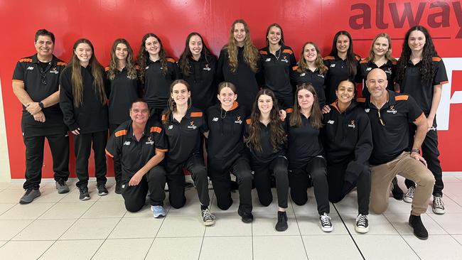 The NT Hockey Under-18 girls at Darwin Airport on Thursday morning ahead of the Hockey Australia U18 Championships in Hobart, Tasmania from July 1-9. Picture: Supplied.