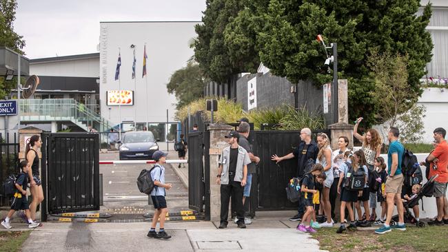 Students arrive at Mount Sinai College in Maroubra for their first day at school after the summer holidays. Graffiti was sprayed on the school wall as anti-Semitic attacks continue in Sydney. Picture: Julian Andrews