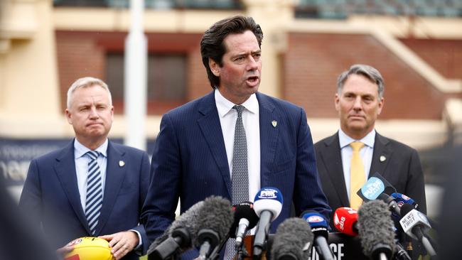 HOBART, AUSTRALIA – MAY 03: Gillon McLachlan, Chief Executive Officer of the AFL speaks with media during the AFL Tasmanian Team Announcement at North Hobart Oval on May 03, 2023 in Hobart, Australia. (Photo by Michael Willson/AFL Photos via Getty Images)