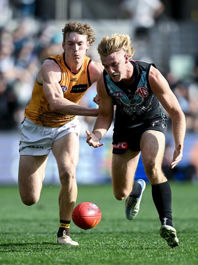 Jason Horne-Francis competes with Josh Weddle at Adelaide Oval. Picture: Mark Brake/Getty Image)