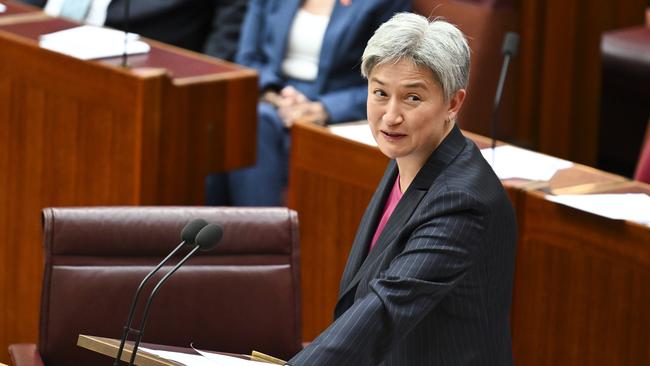 Penny Wong speaks in the Senate at Parliament House in Canberra. Picture: Martin Ollman