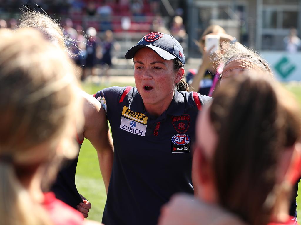 Injured Melbourne captain Daisy Pearce celebrates her side’s qualifying final win over Fremantle. Picture: Getty Images