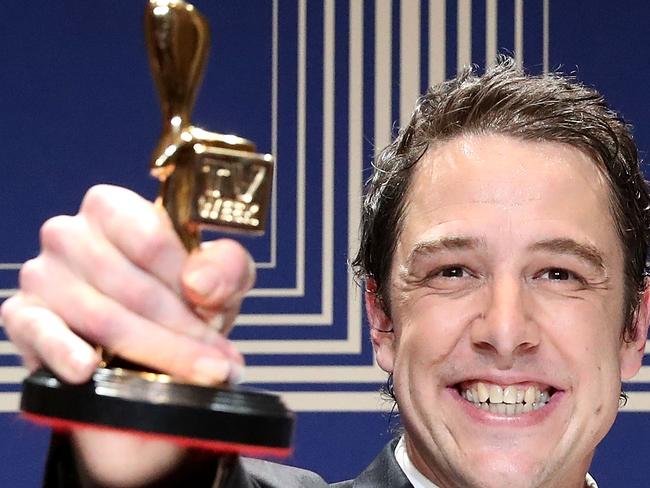 MELBOURNE, AUSTRALIA - APRIL 23:  Samuel Johnson poses with the Gold Logie Award for Best Personality On Australian TV during the 59th Annual Logie Awards at Crown Palladium on April 23, 2017 in Melbourne, Australia.  (Photo by Scott Barbour/Getty Images)