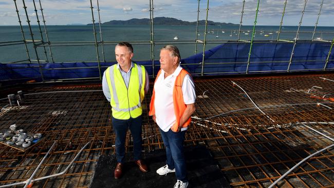 The Ville CEO Michael Jones and Morris Group executive chairman Chris Morris on the roof of Ardo. Picture: Evan Morgan