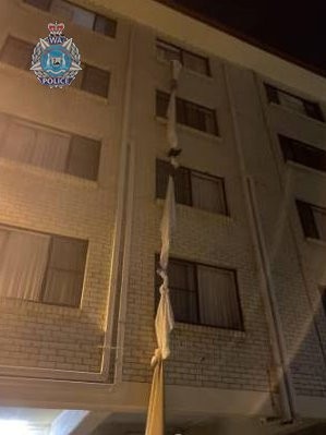 A man allegedly escaped from his fourth-storey hotel quarantine room by making a rope out of bed sheets. Picture: Supplied