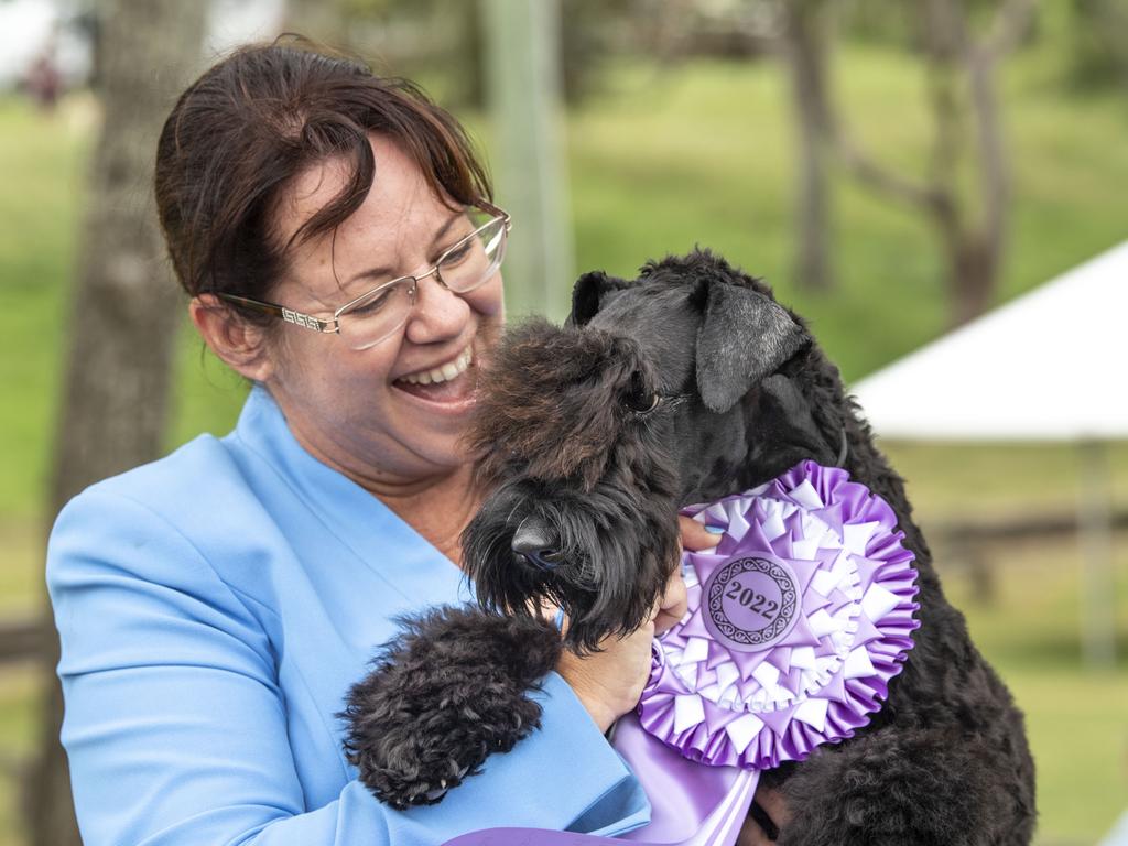 Cole the Kerry Blue Terrier wins Best Baby of Show with owner Pauline Oliphant at the Toowoomba Royal Show. Saturday, March 26, 2022. Picture: Nev Madsen.