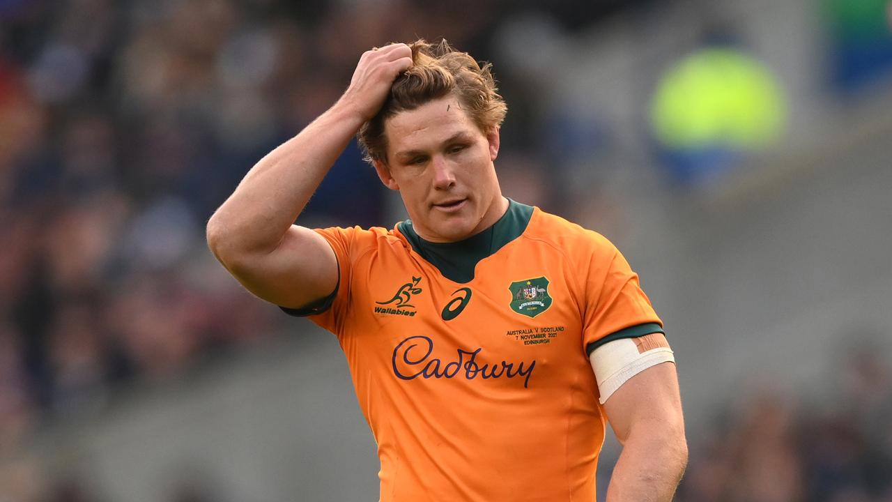 EDINBURGH, SCOTLAND - NOVEMBER 07: Wallabies captain Michael Hooper reacts after his try is disallowed during the Autumn Nations Series match between Scotland and Australia at Murrayfield Stadium on November 07, 2021 in Edinburgh, Scotland. (Photo by Stu Forster/Getty Images)