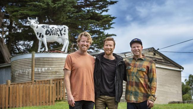 Rhett, Angus and Aidan McLaren out the front of the dairy. Picture: Zoe Phillips