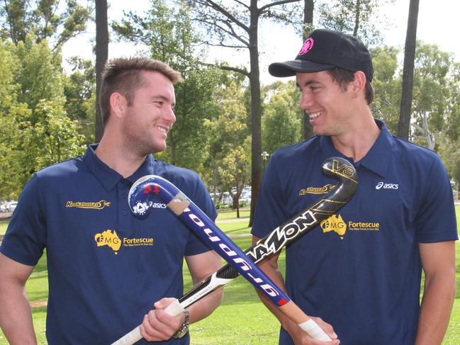 Leon (left) and Jeremy Hayward playing for the Kookaburras at the International Super Series in Perth. Picture: Supplied.