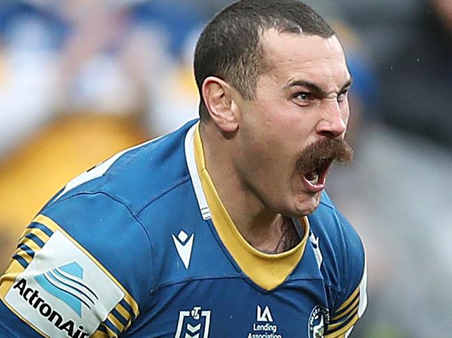 SYDNEY, AUSTRALIA - JUNE 20: Reagan Campbell-Gillard of the Eels celebrates scoring a try during the round 15 NRL match between the Parramatta Eels and the Canterbury Bulldogs at Bankwest Stadium, on June 20, 2021, in Sydney, Australia. (Photo by Mark Metcalfe/Getty Images)