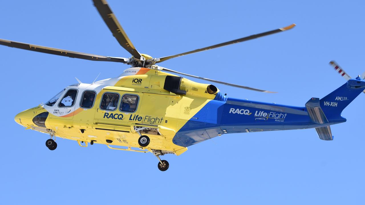 RACQ LifeFlight helicopter leaving Hervey Bay Hospital.