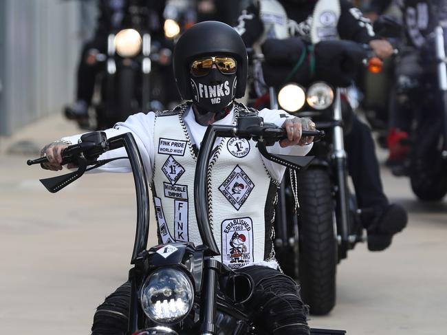 The Finks prepare to ride to Wodonga from their Cranbourne clubhouse. Police were on scene. Friday, March 26, 2021. Picture: David. Crosling