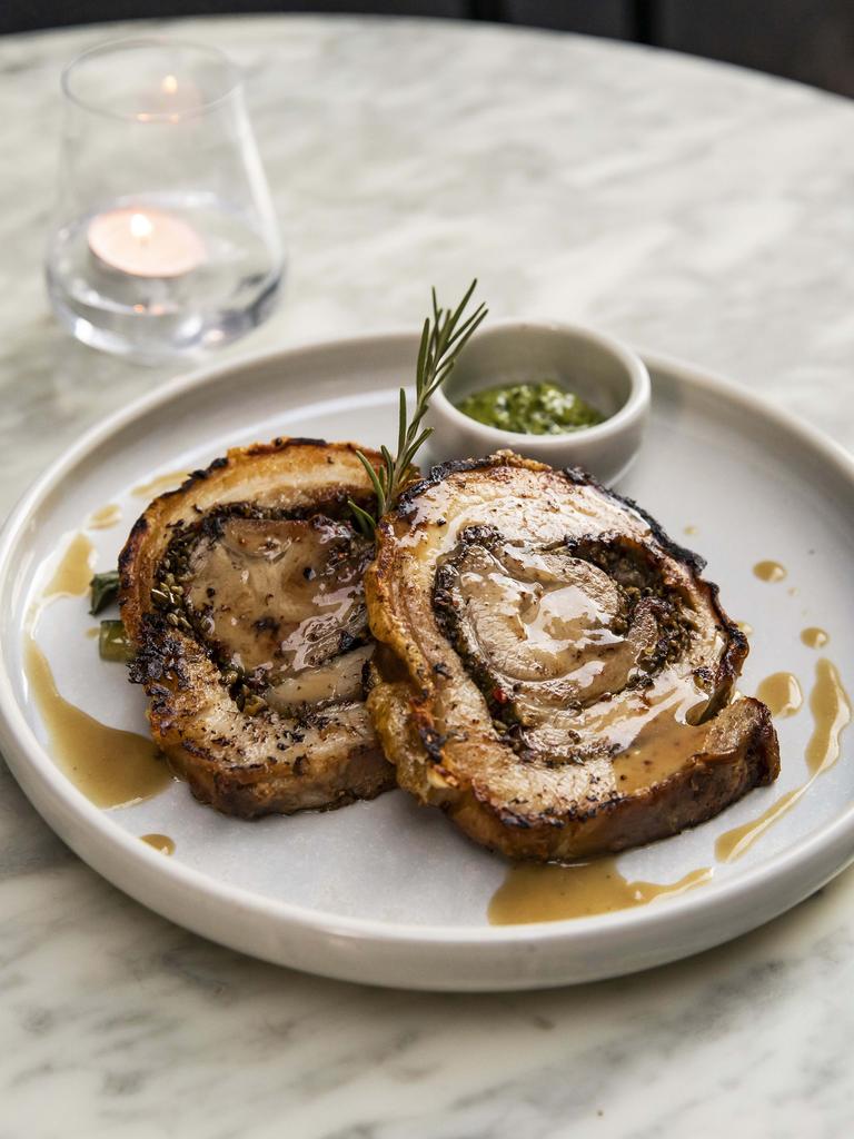 Porchetta Di Ariccia- Slowly roasted pork belly roll, seasoned with fresh garlic and rosemary at Eterna. Picture: Mark Cranitch