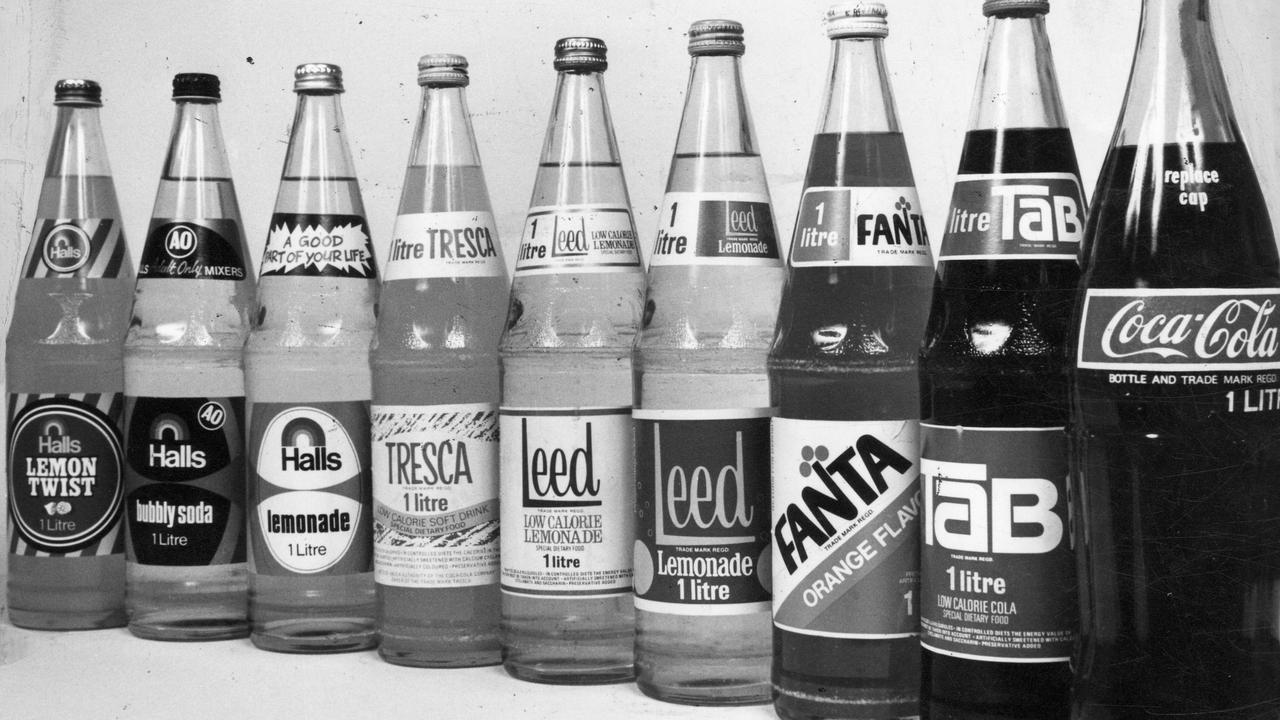 One litre bottles of soft drinks including (l-r) Halls Lemon Twist, Halls Bubbly Soda, Halls Lemonade, Tresca, Leed low calorie Lemonade, Leed Lemonade, Fanta, Tab and Coca Cola.