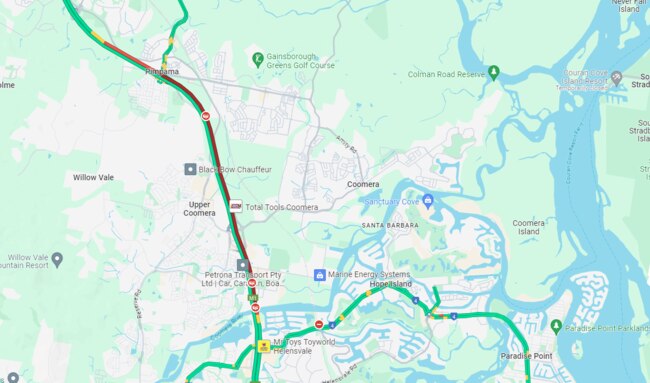 Heavy delays building on the M1 from Helensvale back to Pimpama. Picture: Google