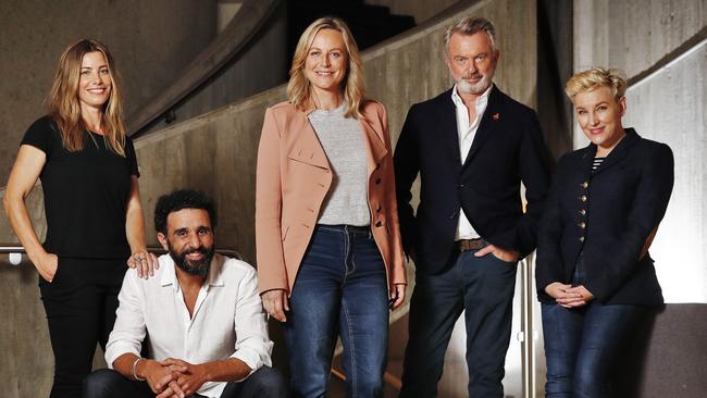 Cast from the new Foxtel drama TV series The Twelve: Brooke Satchwell, Hazem Shammas, Marta Dusseldorp, Sam Neil and Kate Mulvany. Picture: Sam Ruttyn