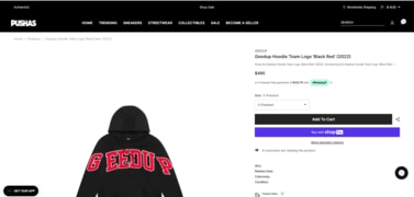 The original price of this Geedup hoodie was $220, and Pushas has a price tag of $495 for the same item.