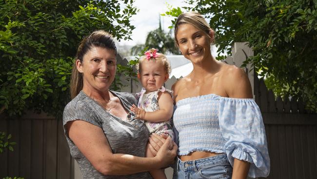 Kim Ravaillion’s mum Sina has moved in to help out with little Georgie while Kim trains with the Firebirds. Picture: Mark Cranitch.